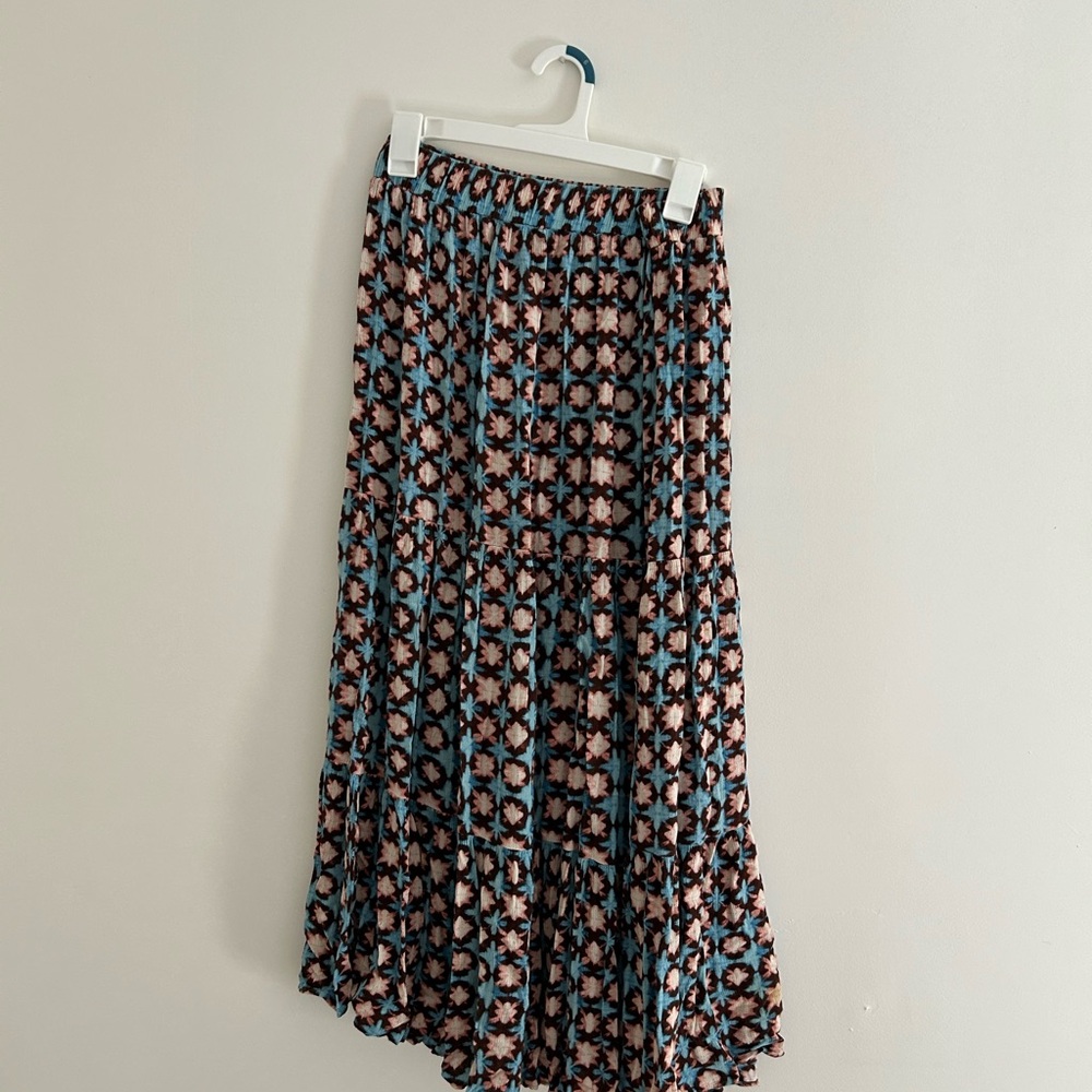 LOFT Blue and Pink Tiered A-Line Midi Skirt